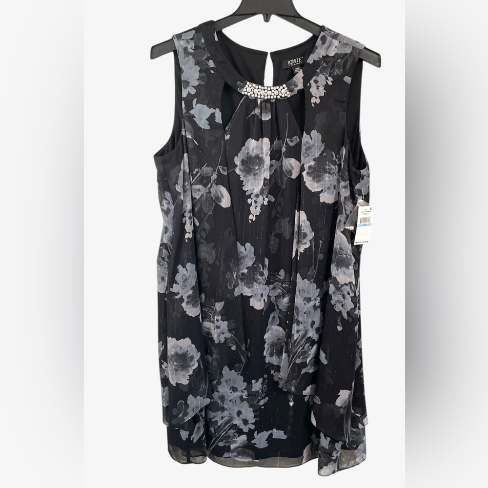 Ignite Evenings women’s Black Floral Embellished Shift Dress Size 20W NWT